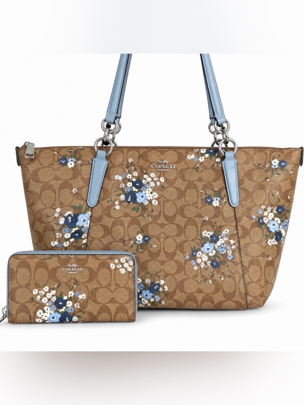 COACH F57888 City Zip Tote + Matching Wallet Set Floral Signature Khaki Blue